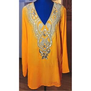 Ashro Beaded Womens Top L Semi Sheer L/S Tunic Shirt Missing Beads Boho Ethnic